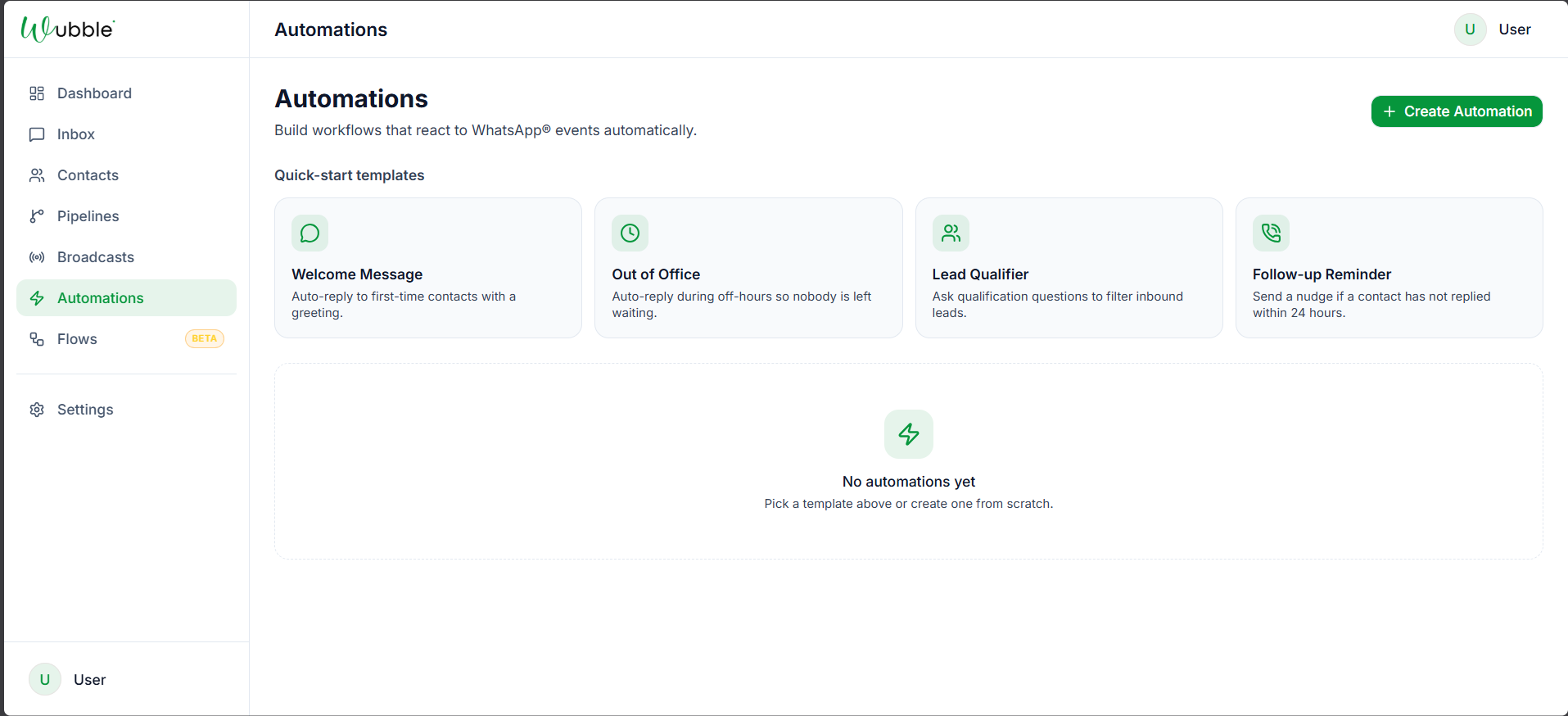 Wubble automations with quick-start templates like Welcome Message and Follow-up Reminder