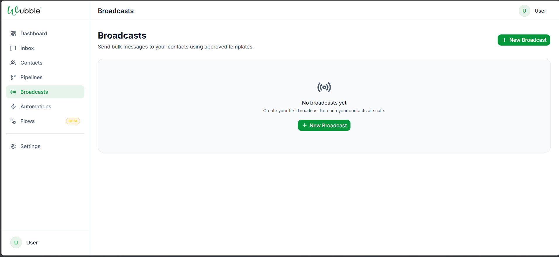 The Wubble broadcasts screen for sending bulk template campaigns