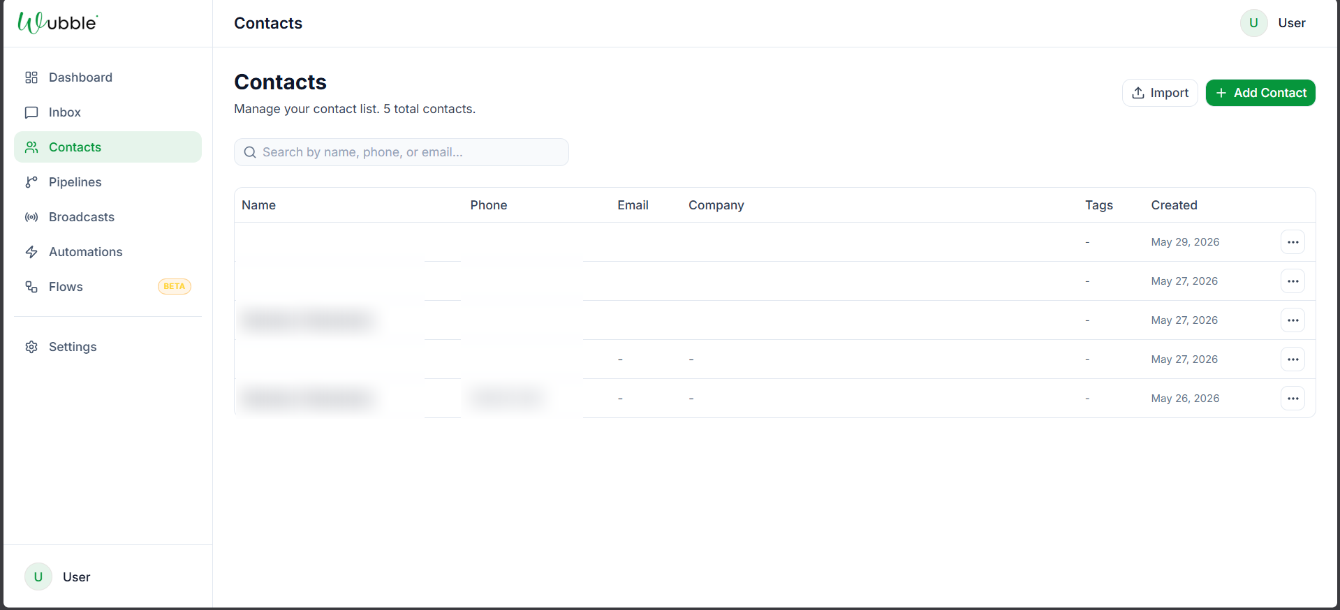 The Wubble contacts list with search, import and tagging