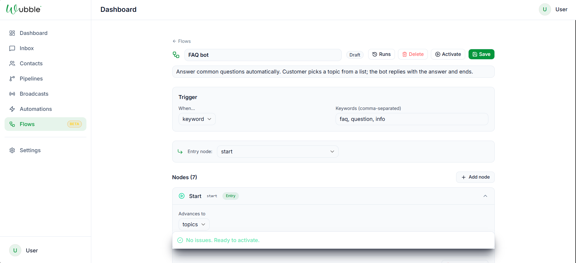The Wubble flow builder editing an FAQ bot with triggers and nodes