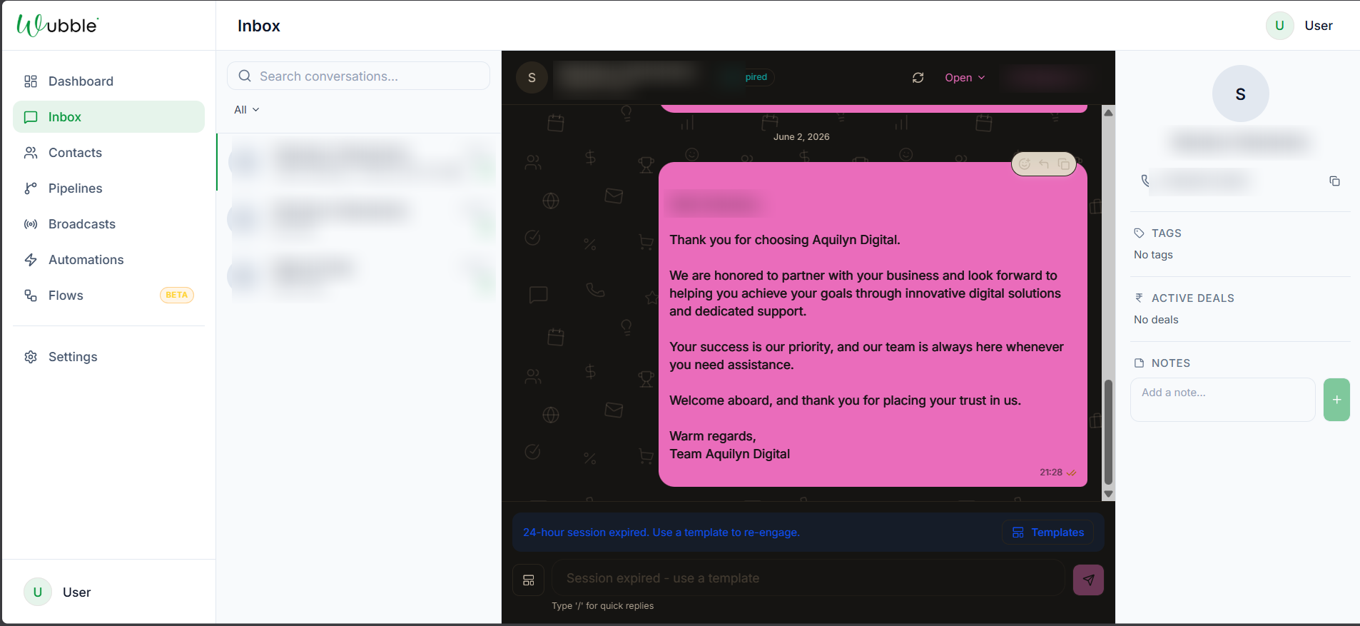 The Wubble shared inbox with a conversation list, chat view and customer details panel